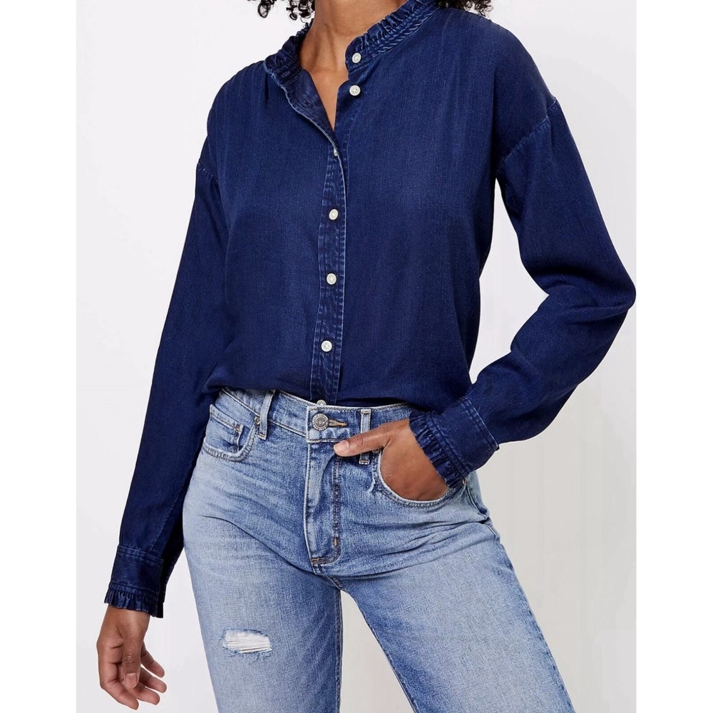 LOFT Plus Women 14 Dark Wash Lyocell Ruffle Collar Denim Button Down Blouse